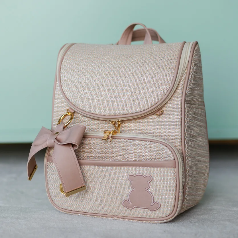 Mochila Maternidade Malu Tweed Rose + LAÇO LUXO